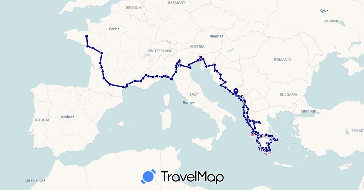 TravelMap itinerary: driving, hiking, boat, hitchhiking, motorbike in Albania, Bosnia and Herzegovina, France, Greece, Croatia, Italy, Montenegro, Slovenia (Europe)
